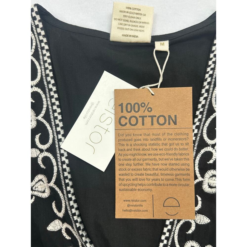 NWT Reistor Deep V Embroidered Dress Black Cream Boho Cotton Mini Dress Medium - Picture 8 of 11